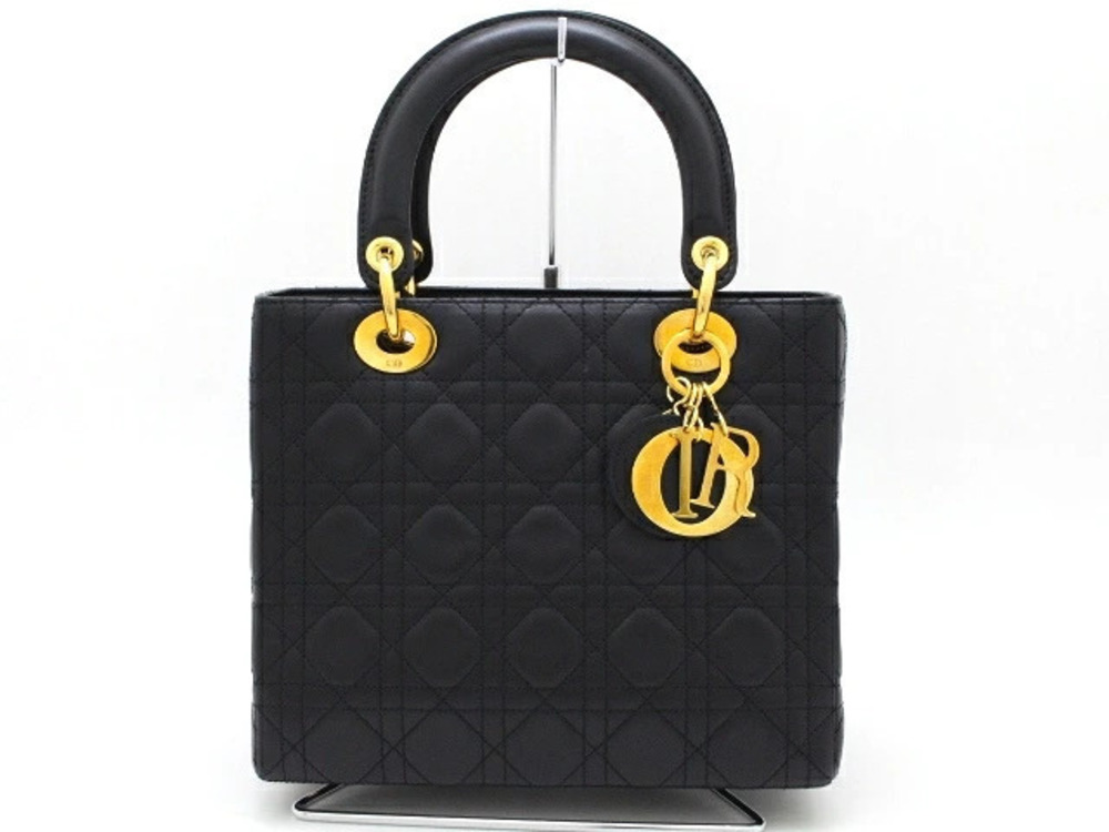 Christian Dior Cannage Lady 2way Shoulder Bag Lambskin Black